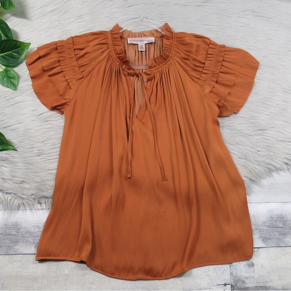 CATHERINE MALANDRINO Pleated Airflow Blouse in Rust Women's Size Small